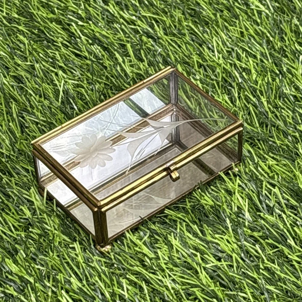 Vintage Brass Glass Trinket Box Etched Floral Jewelry Display Decor